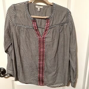 J Crew Pullover Blouse Cotton & Viscose, Navy & Natural Stripe with Red accents